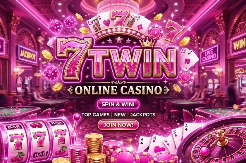 Excited Brazilian gamer using a smartphone with the 7TWIN app, featuring gold accents and premium casino graphics